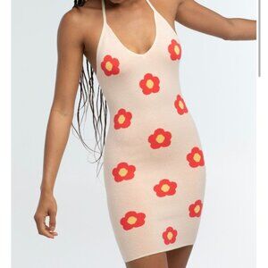 RSQ Floral Knit Halter Dress Women SM Red & Yellow Daisy Pattern Y2K VACATION